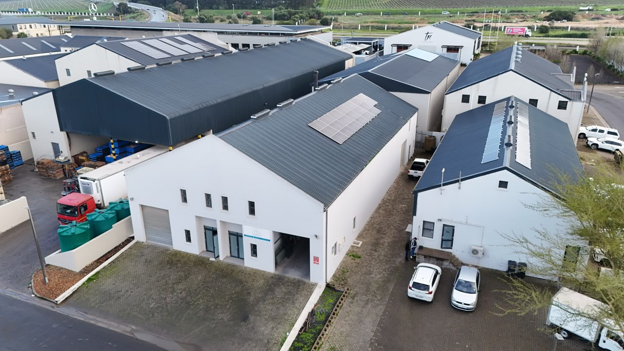 Industrial park with warehouse and factory units and rooftop solar, Paarl